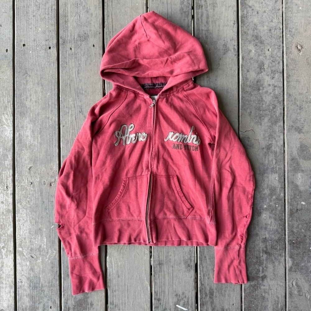 Abercrombie & Fitch Vintage Red Zip Up Hoodie Distressed Y2K Grunge Medium